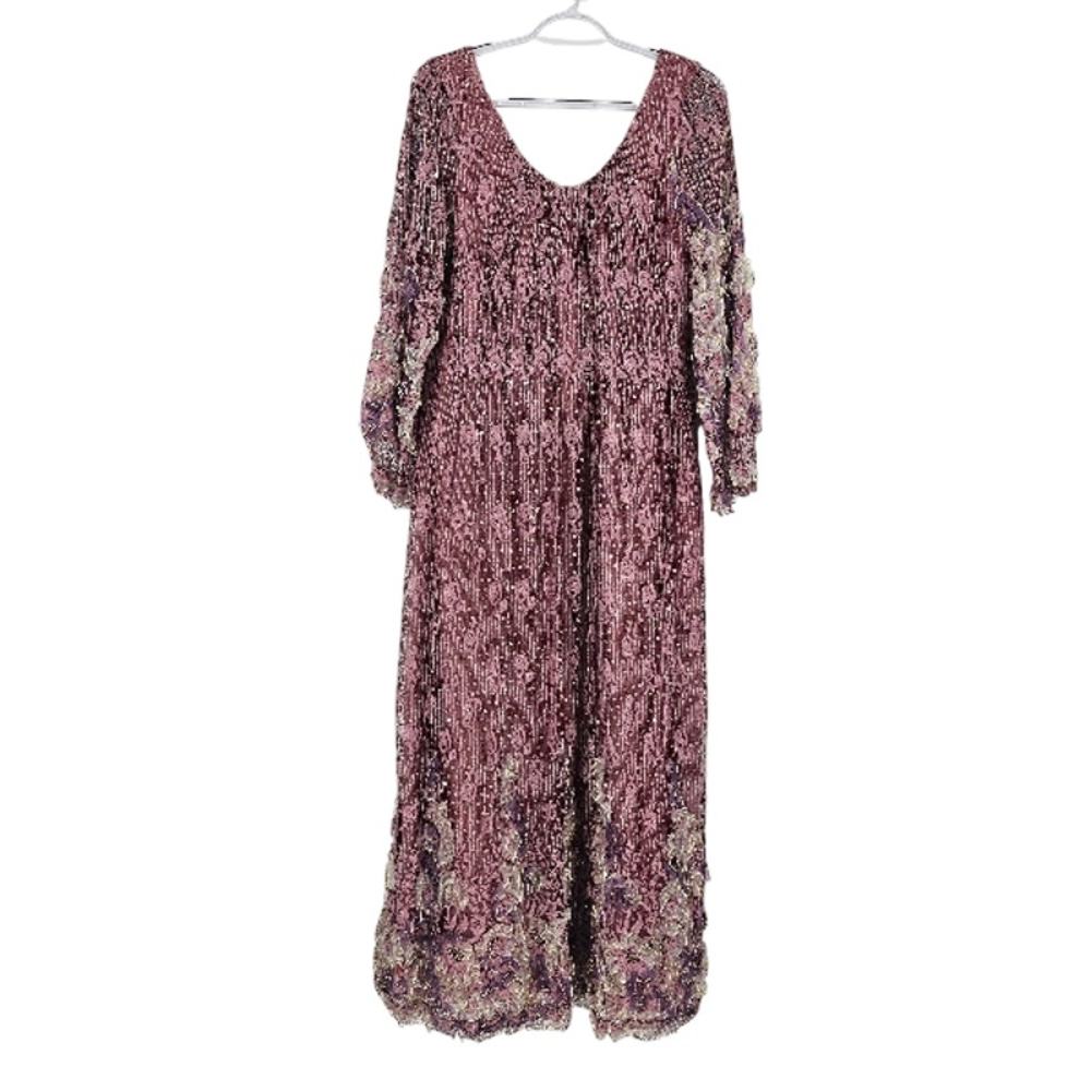 Vintage 60s Richilene Union Label Dress Gown Pink Metallic Floral Lace Maxi Sz S